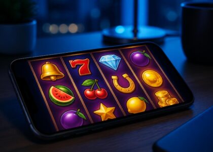 Layar ponsel menampilkan pilihan game slot online di malam hari
