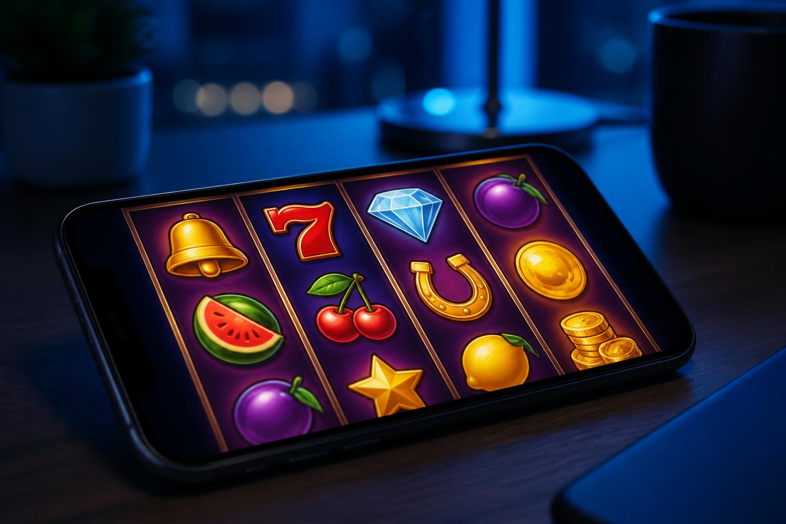 Layar ponsel menampilkan pilihan game slot online di malam hari